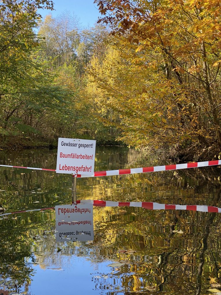 Gewässer gesperrt! Baumfällarbeiten! Lebensgefahr! - Einfahrt zum Floßgraben im Oktober/November 2021